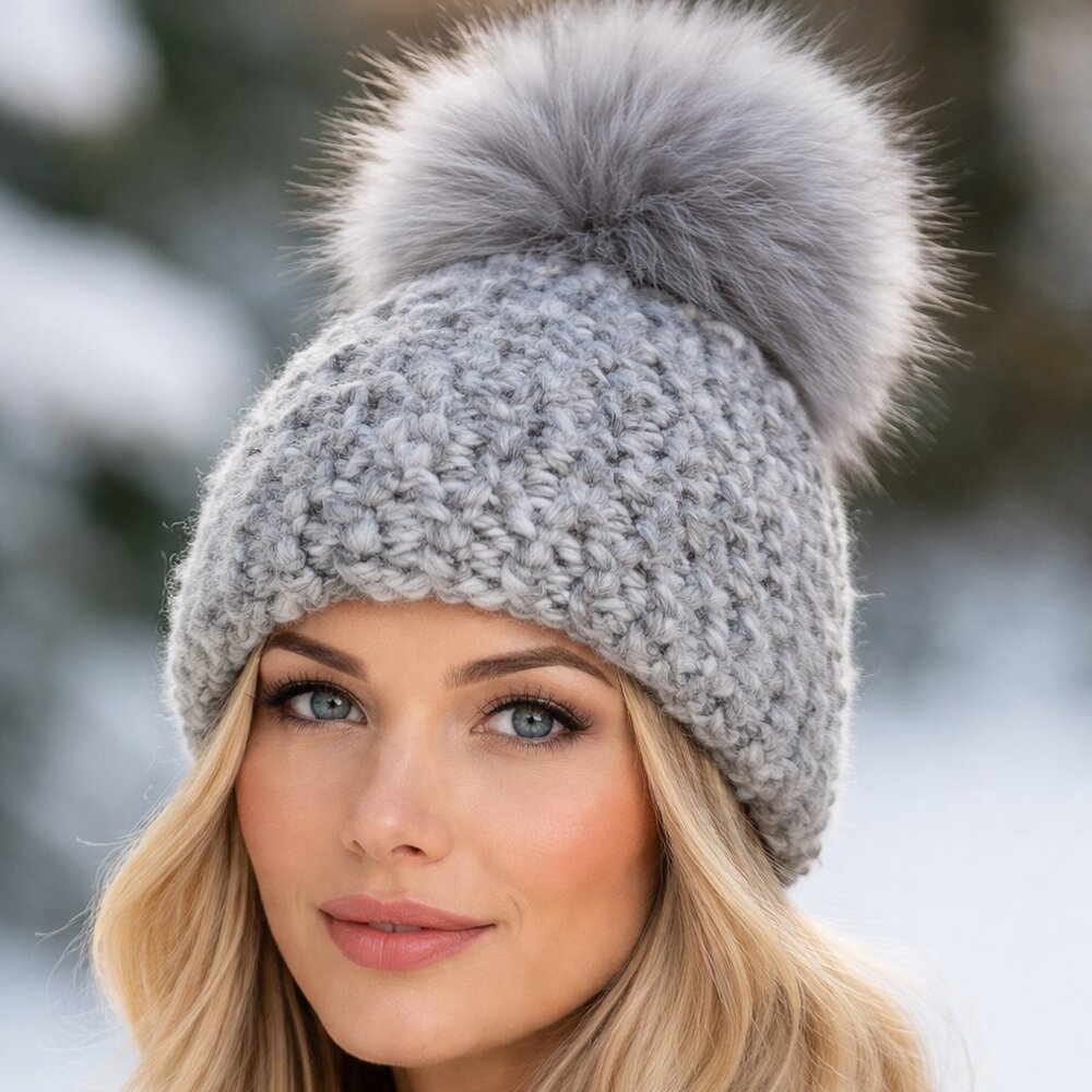 Mischa Lampert Beanie Pomster Chunky Knit Hat Raccoon Fur Pom Cozy